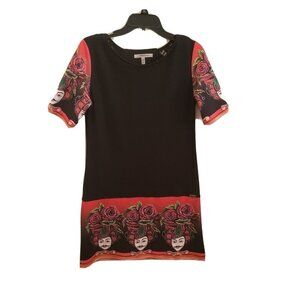 CINEMADONNA Graphic Novelty Shift Dress Size Medium Red Black Bling SL Lace CMD